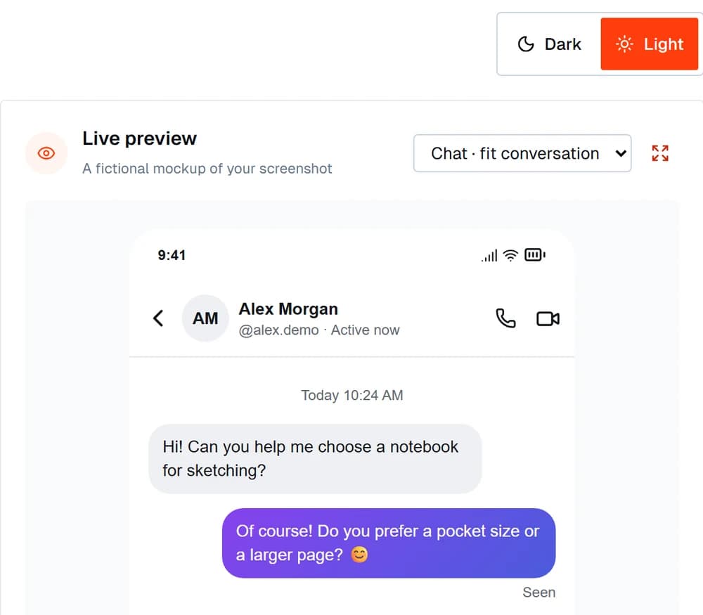 The editor's Dark and Light theme switch above the live preview of a fictional Instagram-style conversation.
