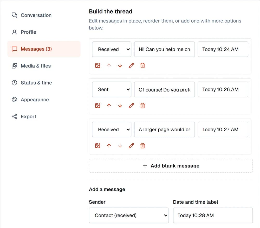 The editor's Messages tab listing three editable messages with sender, text and time fields and an Add blank message button.