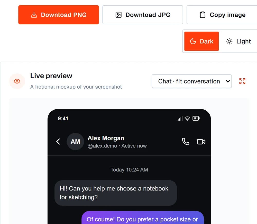 The Download PNG, Download JPG and Copy image buttons above the live preview of a dark-mode conversation.