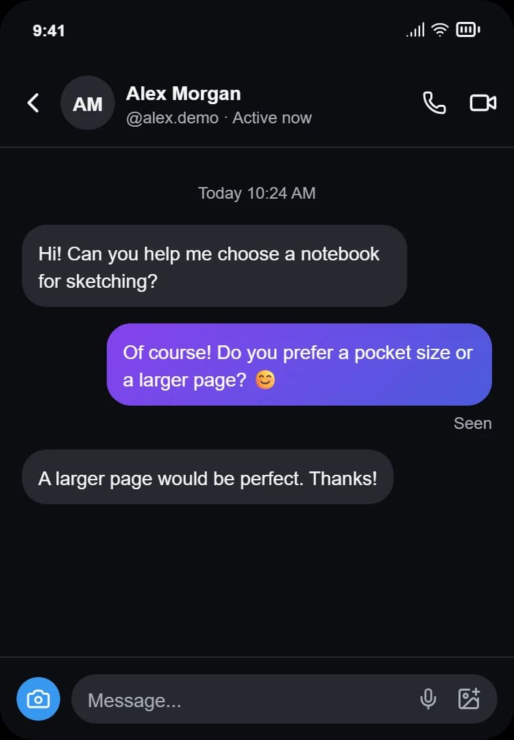 Instagram-style DM mockup in dark mode with three fictional support messages and a Seen label.