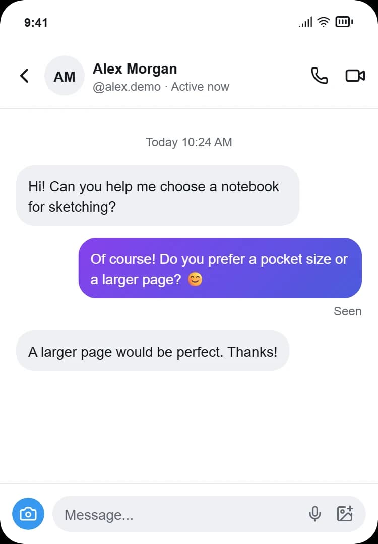 The same three fictional support messages in a light-mode Instagram-style DM mockup with a Seen label.