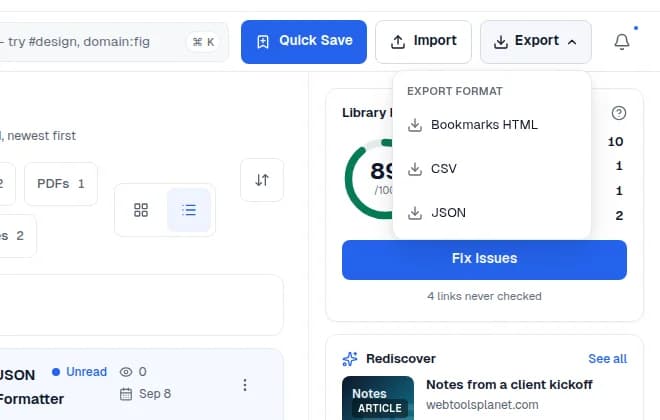 Bookmark Manager's Export menu, offering Bookmarks HTML, CSV, or JSON.