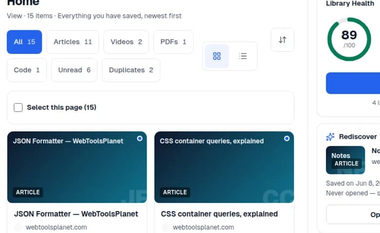 Bookmark Manager library showing saved bookmarks with content-type filters.