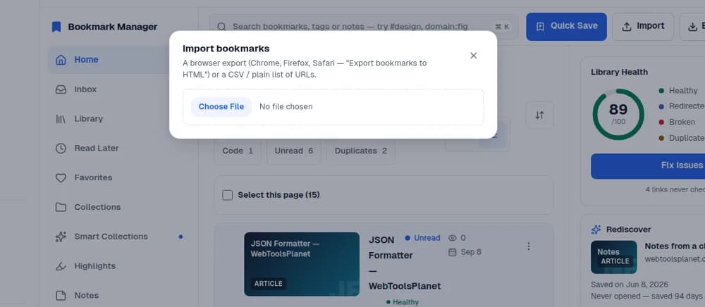 Bookmark Manager's Import bookmarks dialog, accepting a Chrome, Firefox, or Safari export, or a CSV or URL list.