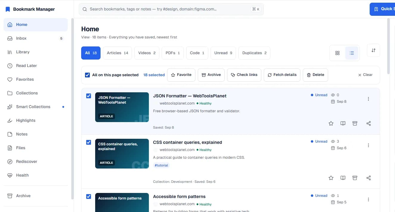 Bookmark Manager library in list view with every bookmark on the page selected, showing the bulk toolbar's Favorite, Archive, Check links, Fetch details, and Delete actions.