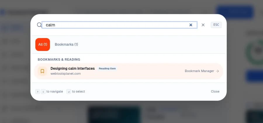Bookmark Manager's Quick Find command palette over the dimmed library, showing a search for 'calm' returning the Designing calm interfaces bookmark.