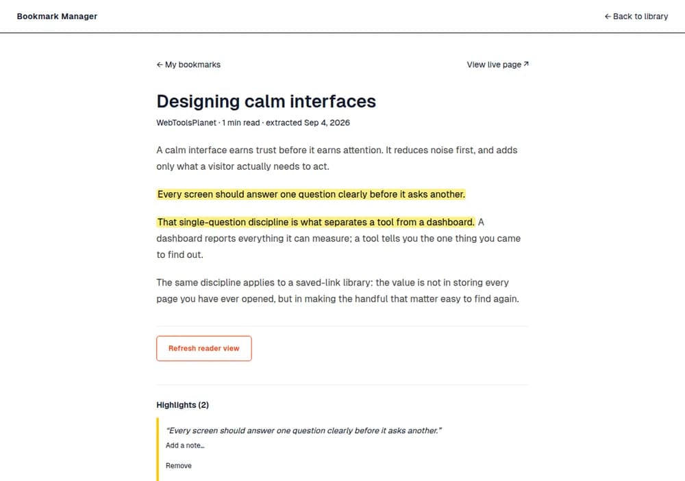 Bookmark Manager Reader view showing an extracted article with two highlighted passages and a note affordance.