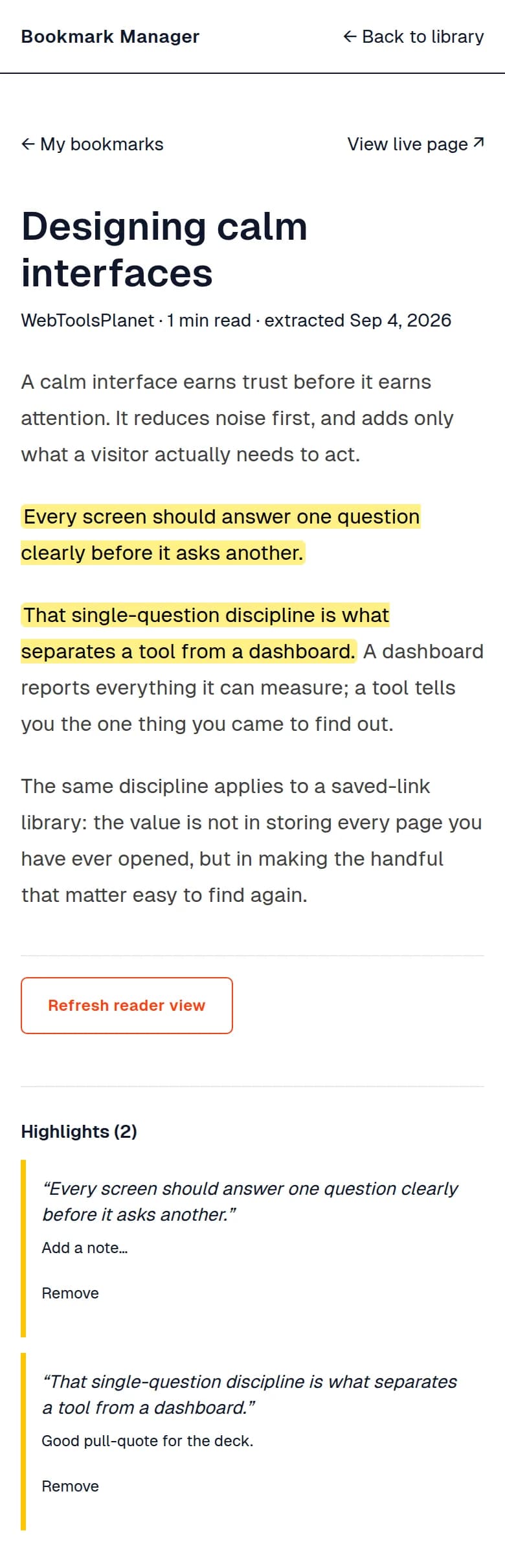Bookmark Manager Reader view on mobile, showing the 'Designing calm interfaces' article with both highlighted passages and their attached notes.