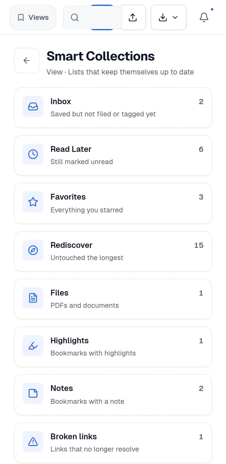 Bookmark Manager's Smart Collections directory on mobile, showing Inbox, Read Later, Favorites, Rediscover, Files, Highlights, Notes, and Broken Links with live counts.