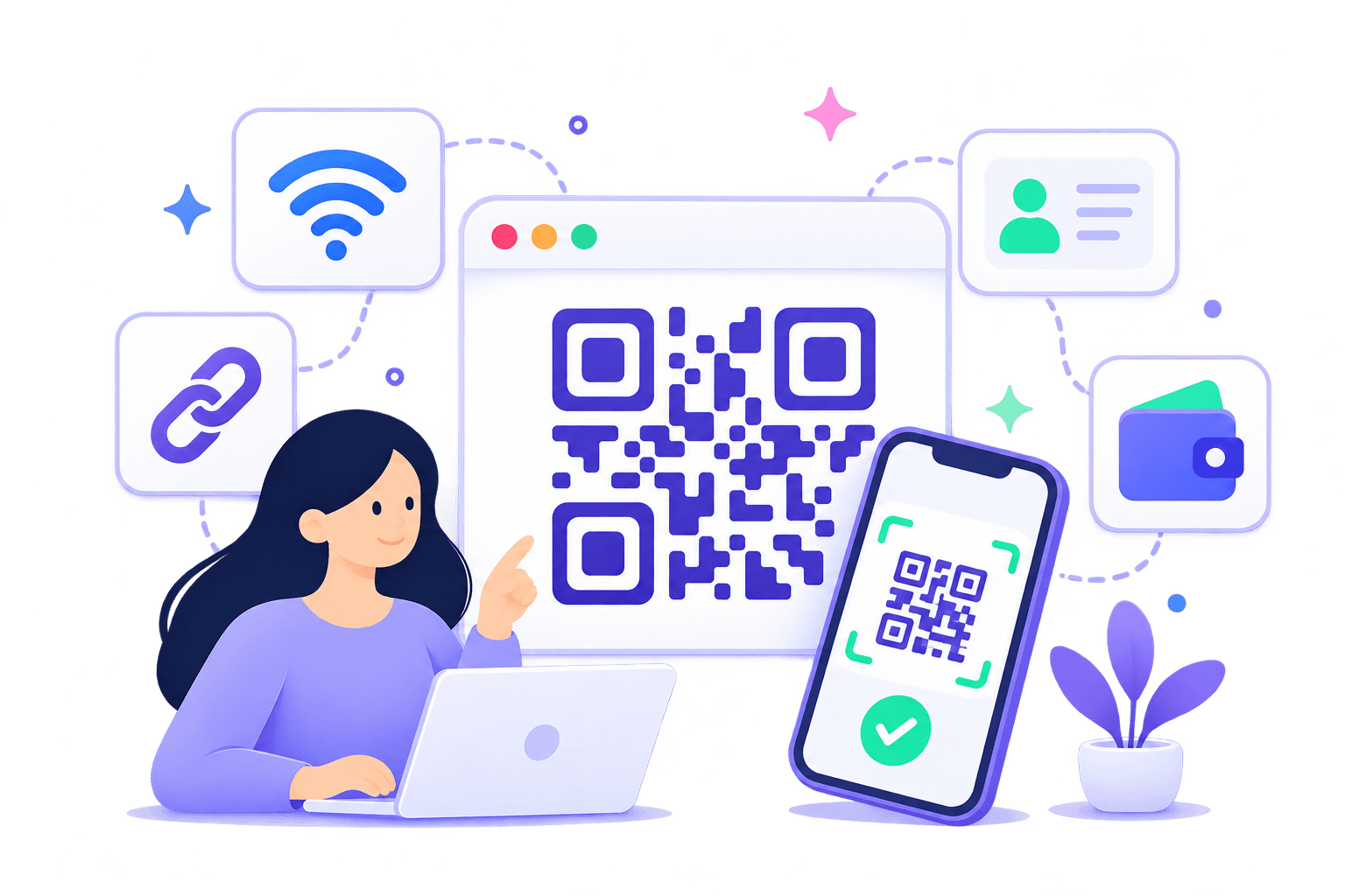 QR code tools illustration with a phone scanner and WiFi, link, contact, and payment icons