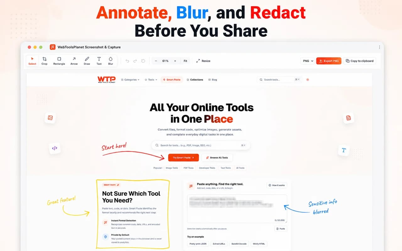 Screenshot editor with annotation arrows, a highlighted section, and blurred text
