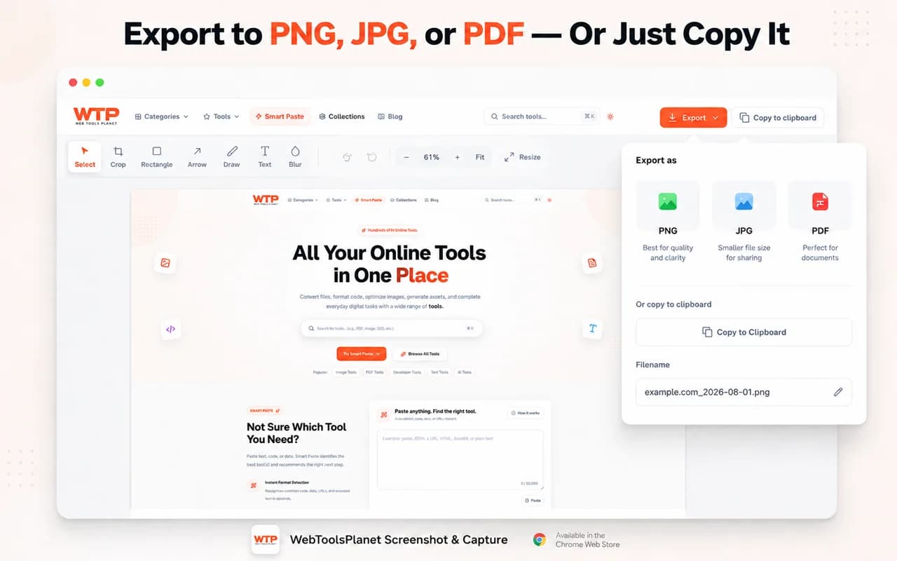 Screenshot export options for PNG, JPG, PDF, and copying to the clipboard