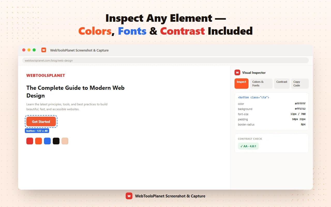 Visual Inspector showing an element’s styles, colors, and a text contrast check