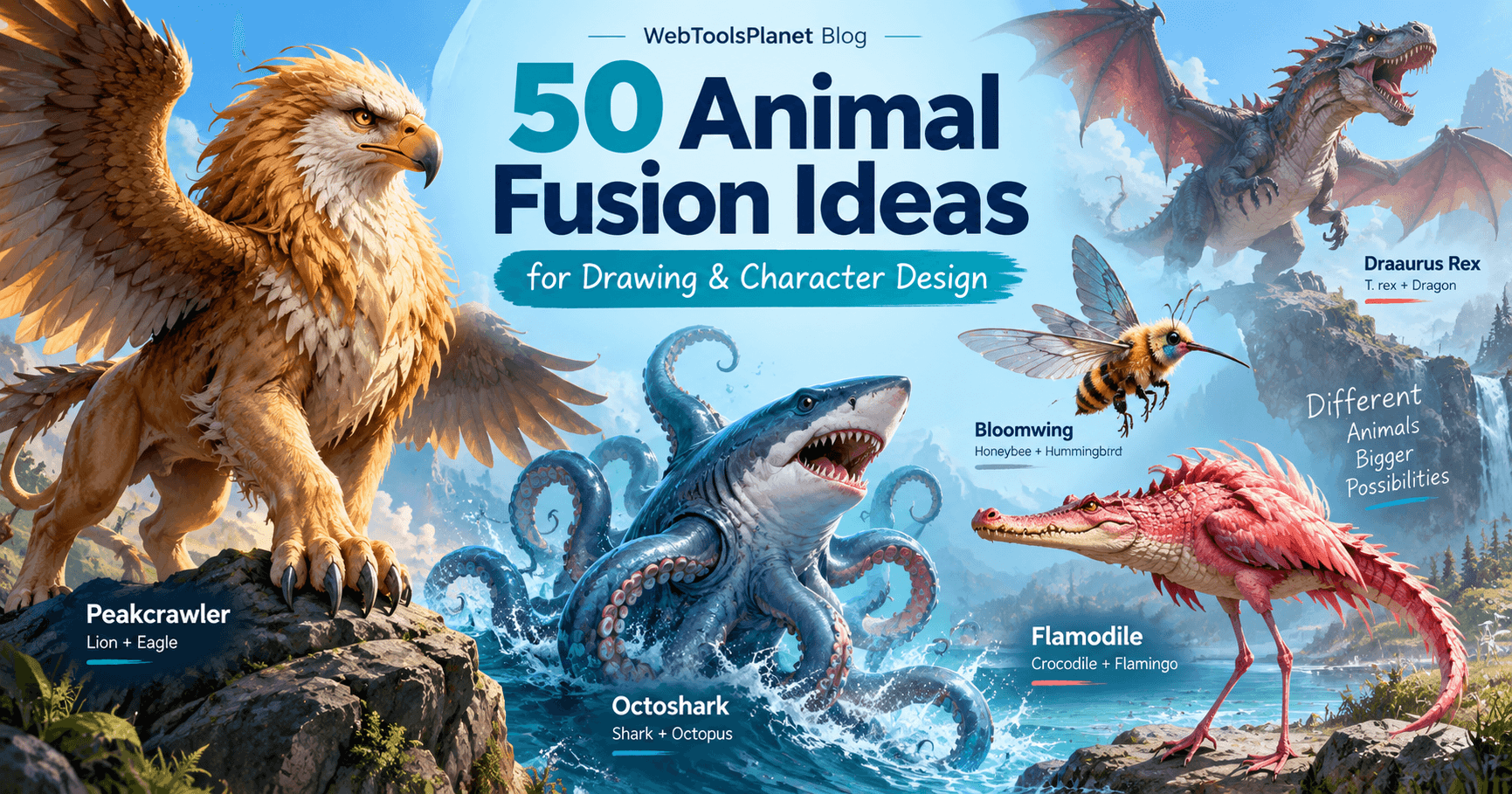 50 Animal Fusion Ideas for Drawing and Character Design - featuring Peakcrawler, Octoshark, Draaurus Rex, Bloomwing, and Flamodile hybrid creatures
